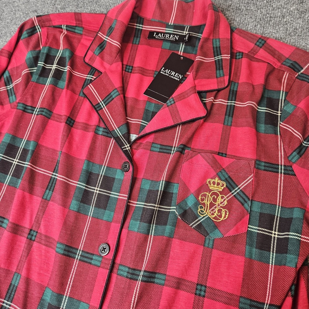 NWT Ralph Lauren Women's Longsleeve Nightshirt Red Plaid  Monogram Size Large